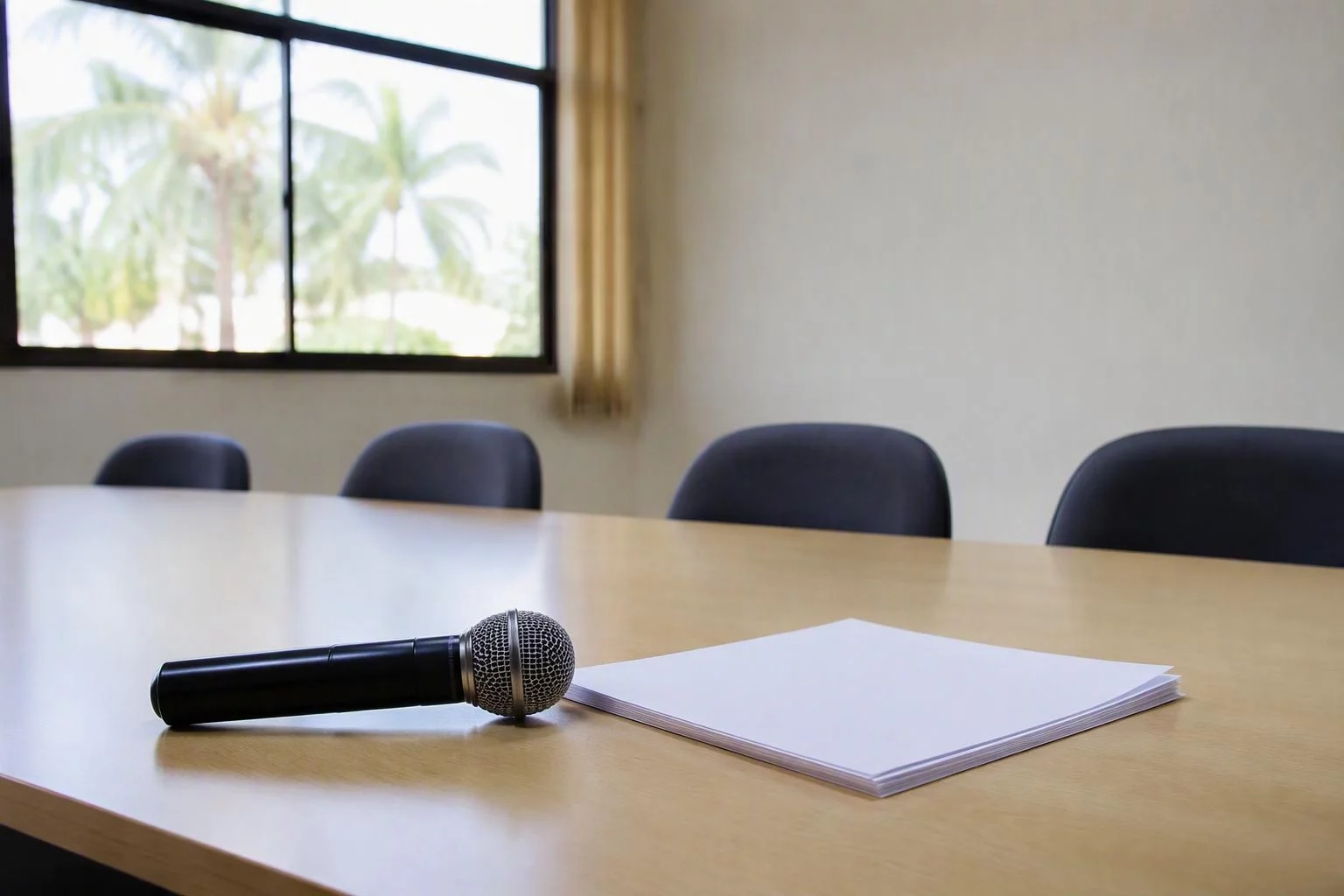 Microfone de mão sobre a mesa de reunião com encarregados