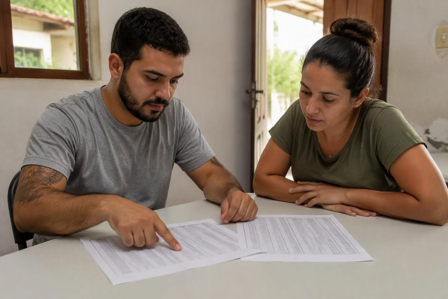Duas pessoas comparando as planilhas de dois pontos da rede